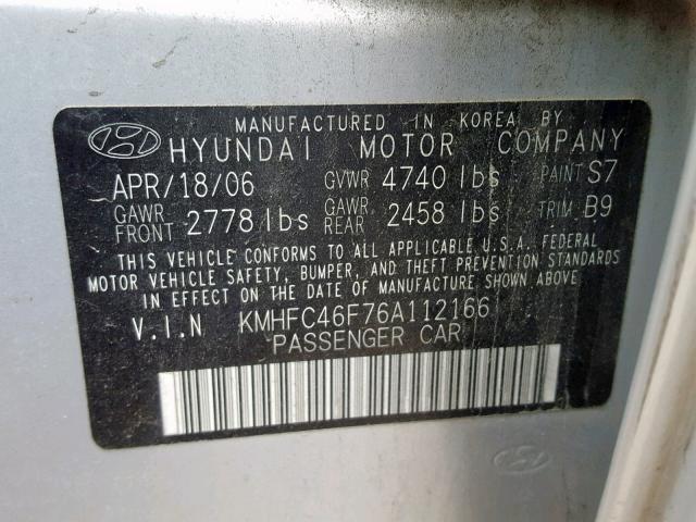 KMHFC46F76A112166 - 2006 HYUNDAI AZERA SE SILVER photo 10