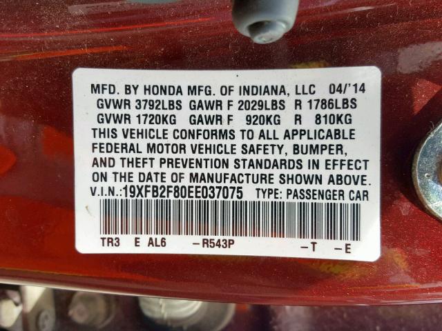 19XFB2F80EE037075 - 2014 HONDA CIVIC EX MAROON photo 10