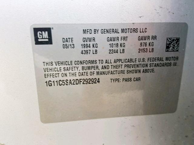 1G11C5SA2DF292924 - 2013 CHEVROLET MALIBU 1LT SILVER photo 10