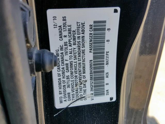 2HGFG1B8XBH509978 - 2011 HONDA CIVIC EX BLACK photo 10