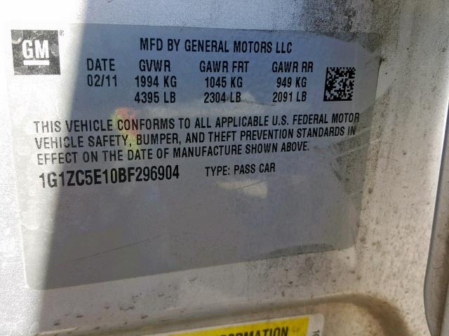 1G1ZC5E10BF296904 - 2011 CHEVROLET MALIBU 1LT SILVER photo 10