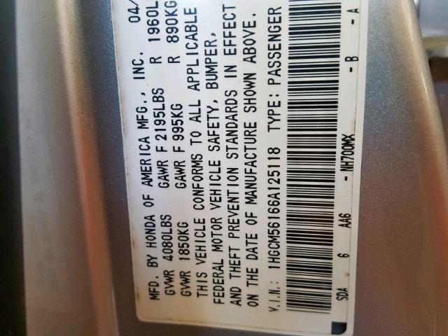 1HGCM56166A125118 - 2006 HONDA ACCORD VAL SILVER photo 10