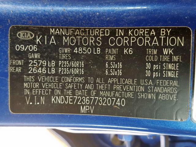 KNDJE723677320740 - 2007 KIA SPORTAGE E BLUE photo 10