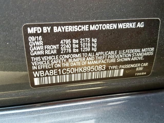 WBA8E1C50HK895083 - 2017 BMW 330E GRAY photo 10