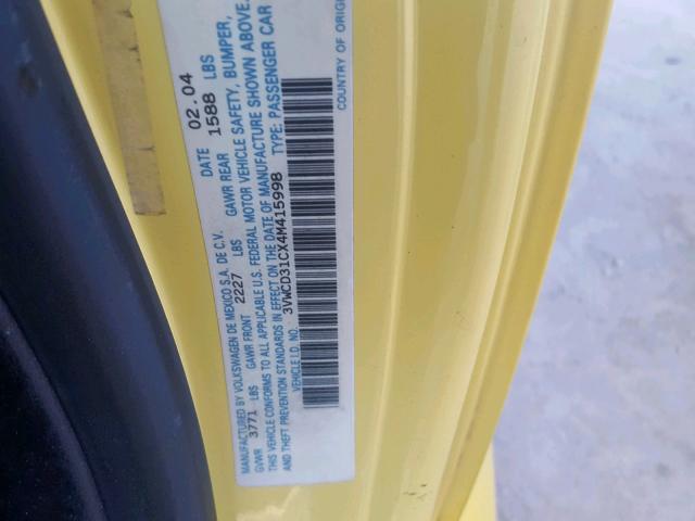 3VWCD31CX4M415998 - 2004 VOLKSWAGEN NEW BEETLE ყვითელი ფოტო 10