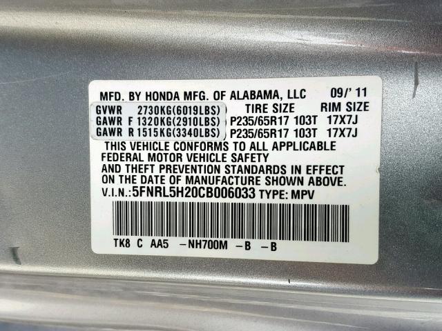 5FNRL5H20CB006033 - 2012 HONDA ODYSSEY LX SILVER photo 10