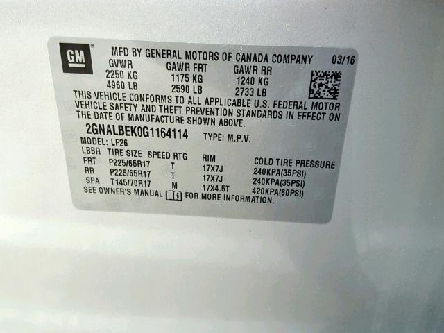 2GNALBEK0G1164114 - 2016 CHEVROLET EQUINOX LS SILVER photo 10