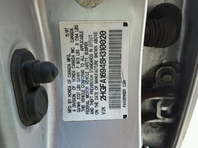 2HGFA16948H310020 - 2008 HONDA CIVIC EXL SILVER photo 10