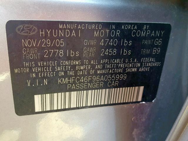 KMHFC46F96A055999 - 2006 HYUNDAI AZERA SE GRAY photo 10