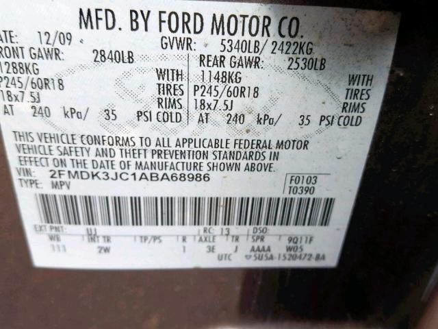 2FMDK3JC1ABA68986 - 2010 FORD EDGE SEL GRAY photo 10