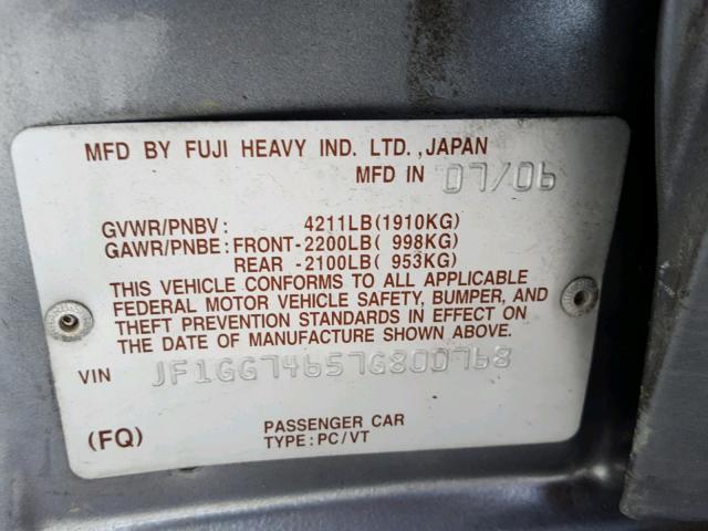 JF1GG74657G800768 - 2007 SUBARU IMPREZA WR GRAY photo 10