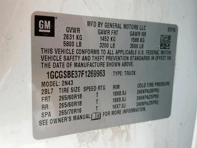 1GCGSBE37F1269963 - 2015 CHEVROLET COLORADO L WHITE photo 10