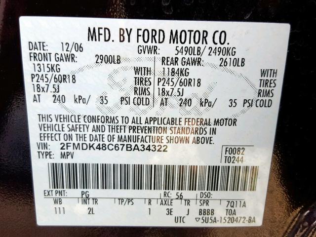 2FMDK48C67BA34322 - 2007 FORD EDGE SEL PURPLE photo 10