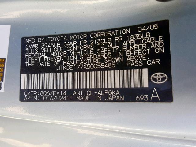 JTKDE177X50055485 - 2005 TOYOTA SCION TC ლურჯი ფოტო 10