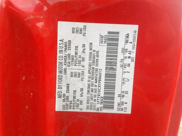 1FTYR10CXYPB86013 - 2000 FORD RANGER RED photo 10