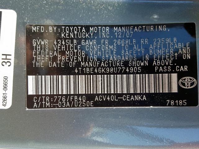 4T1BE46K98U774905 - 2008 TOYOTA CAMRY CE TEAL photo 10
