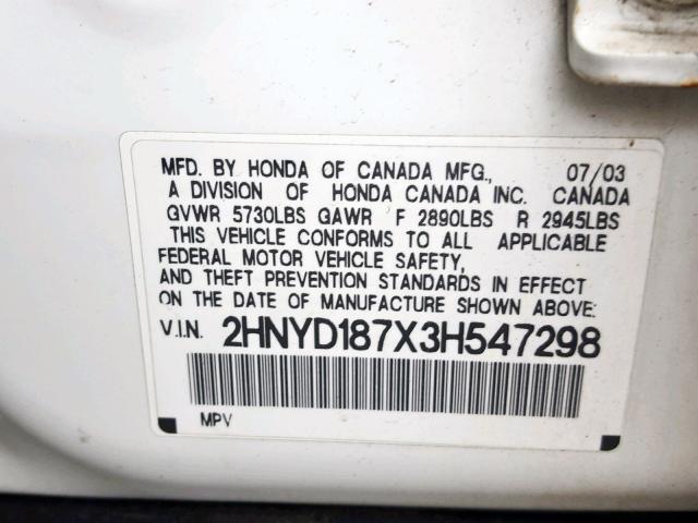 2HNYD187X3H547298 - 2003 ACURA MDX TOURIN WHITE photo 10