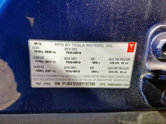 5YJSA1E2XFF107265 - 2015 TESLA MODEL S BLUE photo 10