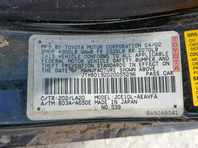 JTHBD192020055296 - 2002 LEXUS IS 300 BLACK photo 10