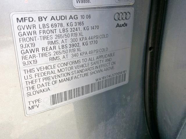 WA1BV74L57D056181 - 2007 AUDI Q7 4.2 QUA SILVER photo 10