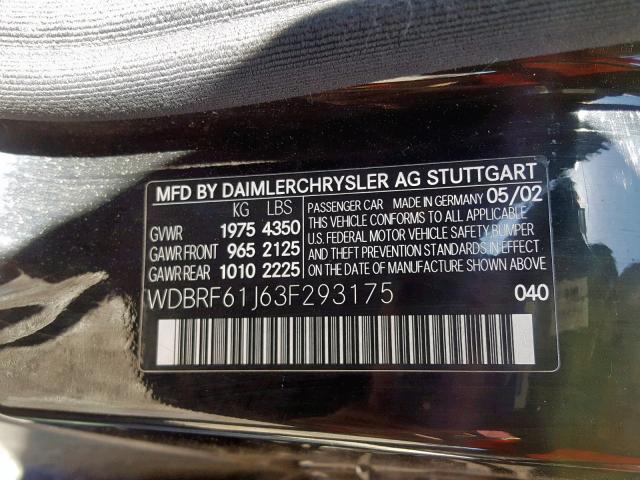 WDBRF61J63F293175 - 2003 MERCEDES-BENZ C 240 BLACK photo 10