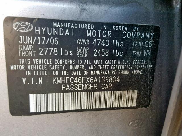 KMHFC46FX6A136834 - 2006 HYUNDAI AZERA SE GRAY photo 10