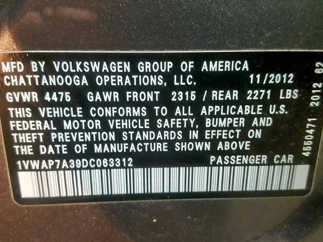 1VWAP7A39DC063312 - 2013 VOLKSWAGEN PASSAT S SILVER photo 10