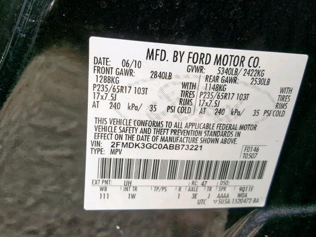 2FMDK3GC0ABB73221 - 2010 FORD EDGE SE BLACK photo 10