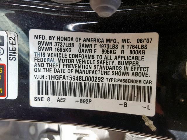 1HGFA15948L000292 - 2008 HONDA CIVIC EXL შავი ფოტო 10