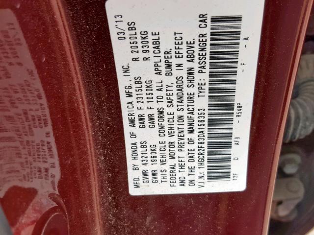 1HGCR2F83DA156353 - 2013 HONDA ACCORD EXL MAROON photo 10