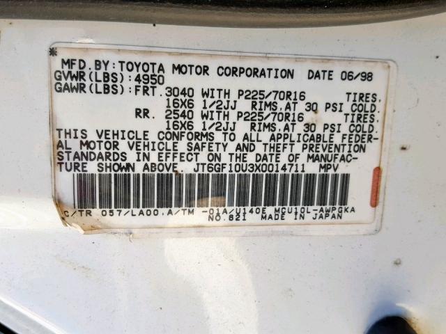 JT6GF10U3X0014711 - 1999 LEXUS RX 300 WHITE photo 10