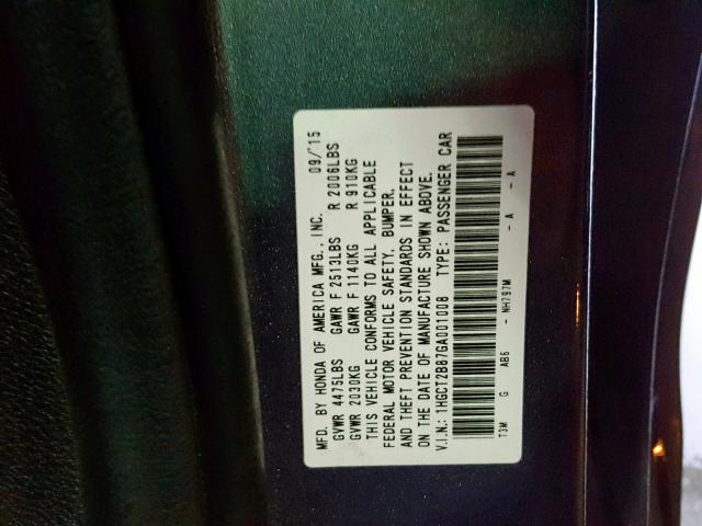 1HGCT2B87GA001008 - 2016 HONDA ACCORD EXL GRAY photo 10