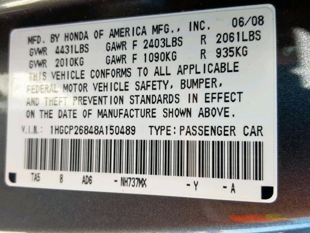 1HGCP26848A150489 - 2008 HONDA ACCORD EXL GRAY photo 10