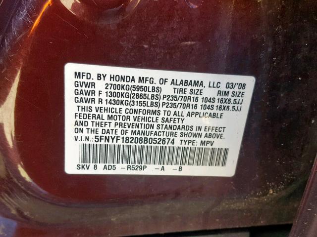 5FNYF18208B052674 - 2008 HONDA PILOT VP MAROON photo 10