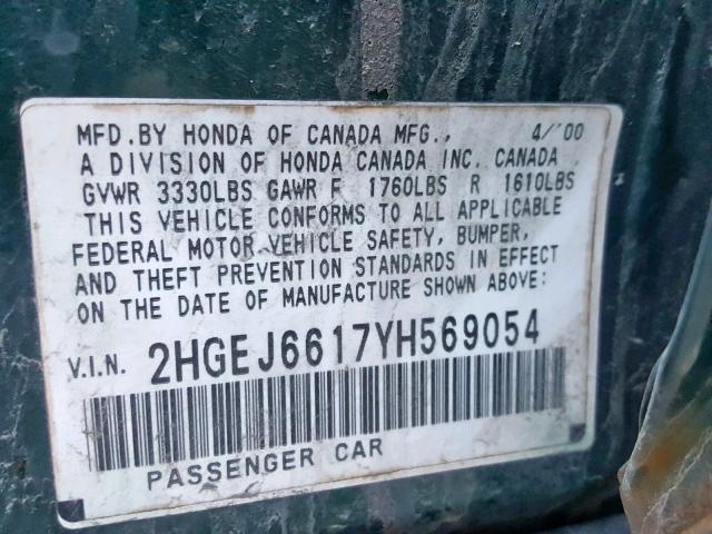 2HGEJ6617YH569054 - 2000 HONDA CIVIC BASE Yaşıl foto 10