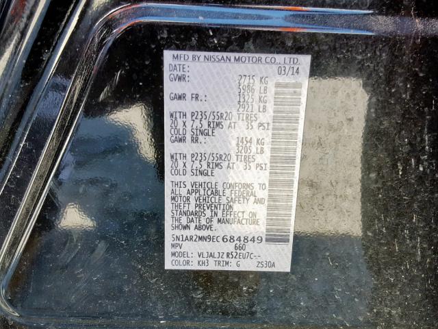 5N1AR2MN9EC684849 - 2014 NISSAN PATHFINDER BLACK photo 10