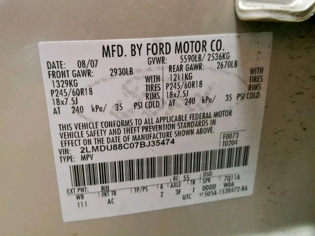 2LMDU88C07BJ35474 - 2007 LINCOLN MKX CREAM photo 10