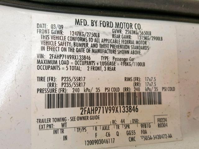 2FAHP71V99X133846 - 2009 FORD CROWN VICT WHITE photo 10