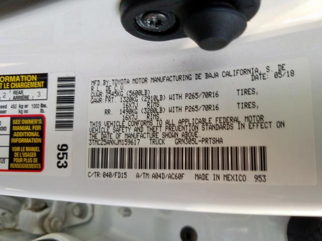 3TMCZ5ANXJM159617 - 2018 TOYOTA TACOMA DOUBLE CAB  照片 10