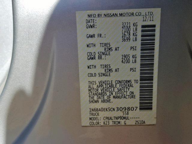 1N6BA0EK5CN309807 - 2012 NISSAN TITAN S SILVER photo 10