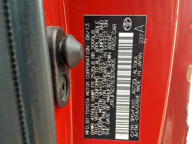 JTKJF5C71E3070405 - 2014 TOYOTA SCION TC RED photo 10