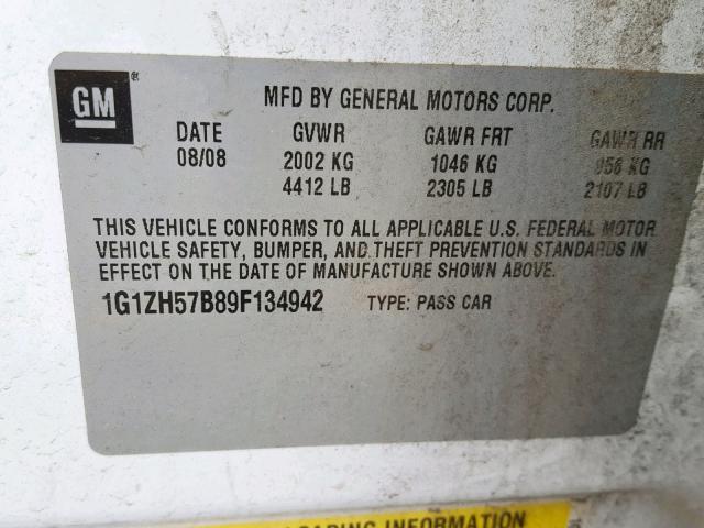 1G1ZH57B89F134942 - 2009 CHEVROLET MALIBU 1LT 白色 照片 10