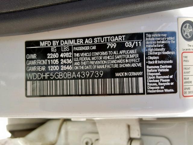 WDDHF5GB0BA439739 - 2011 MERCEDES-BENZ E 350 WHITE photo 10