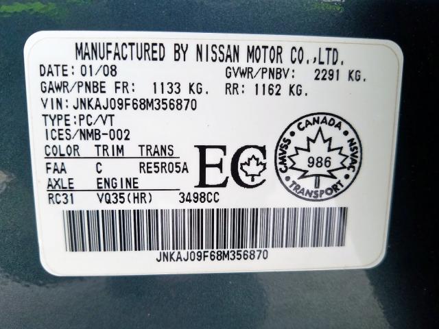 JNKAJ09F68M356870 - 2008 INFINITI EX35 BASE  photo 10