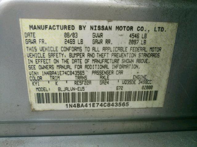 1N4BA41E74C843565 - 2004 NISSAN MAXIMA SE GRAY photo 10