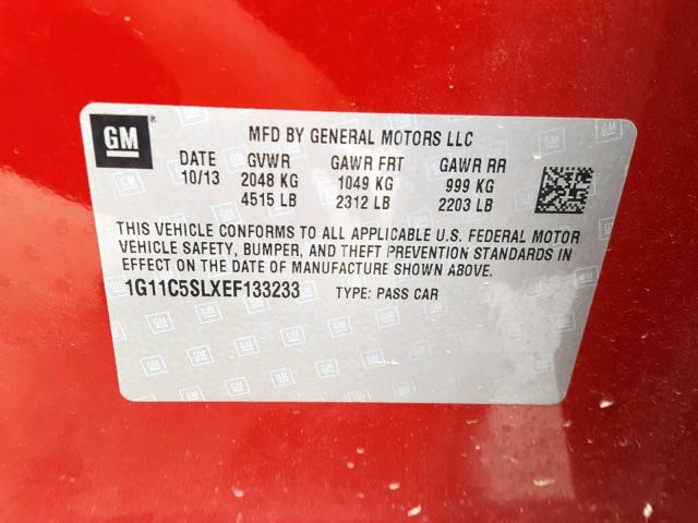 1G11C5SLXEF133233 - 2014 CHEVROLET MALIBU 1LT 红色 照片 10