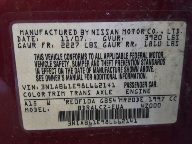 3N1AB61E98L662141 - 2008 NISSAN SENTRA 2.0 MAROON photo 10