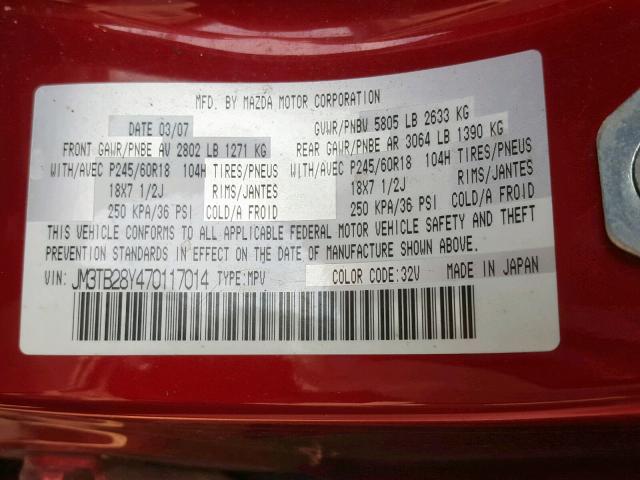 JM3TB28Y470117014 - 2007 MAZDA CX-9 BURGUNDY photo 10