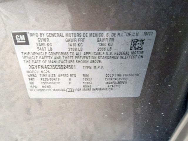 3GYFNAE35CS524501 - 2012 CADILLAC SRX LUXURY CHARCOAL photo 10