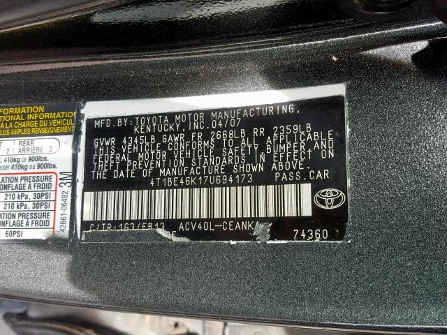 4T1BE46K17U694173 - 2007 TOYOTA CAMRY NEW BLACK photo 10